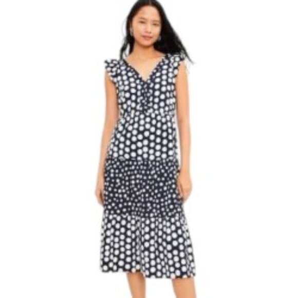 Loft Dotted Flutter Sleeve V-neck Midi Dress Large - Picture 1 of 5
